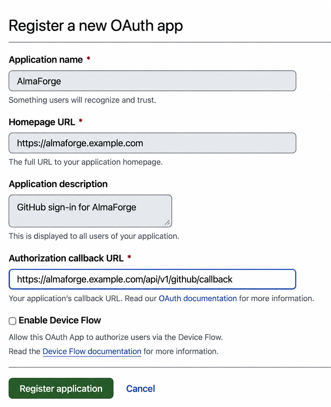 Registering a GitHub OAuth app for AlmaForge
